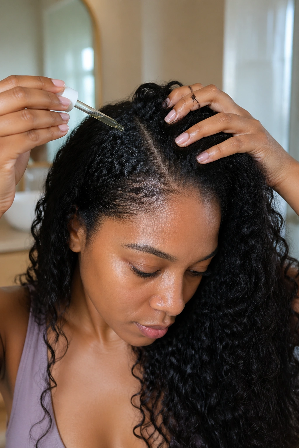 Close-up of scalp care with long hair in background