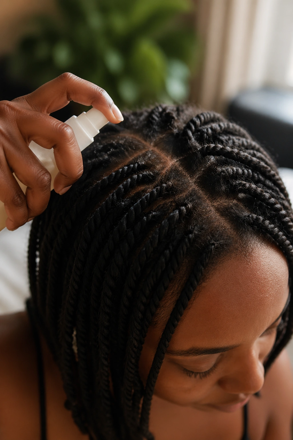 Close-up of scalp area with twists and a soothing mist being applied