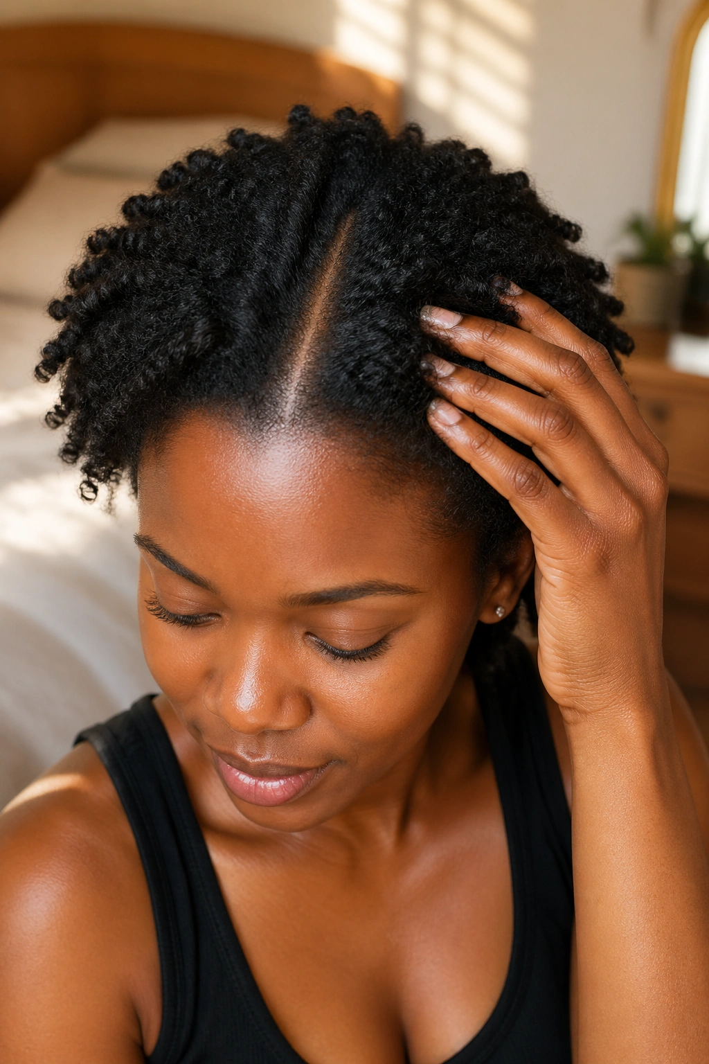 Portrait focusing on a healthy scalp visible through a neat part.