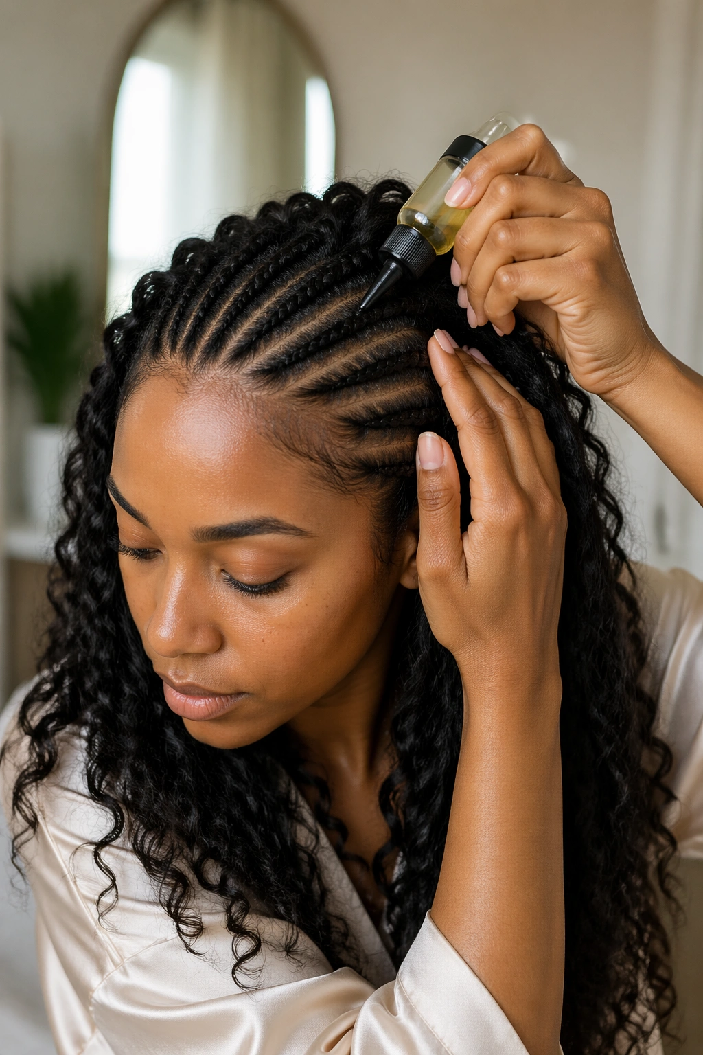 Close-up of a real woman applying scalp oil between cornrows with a pointed applicator bottle
