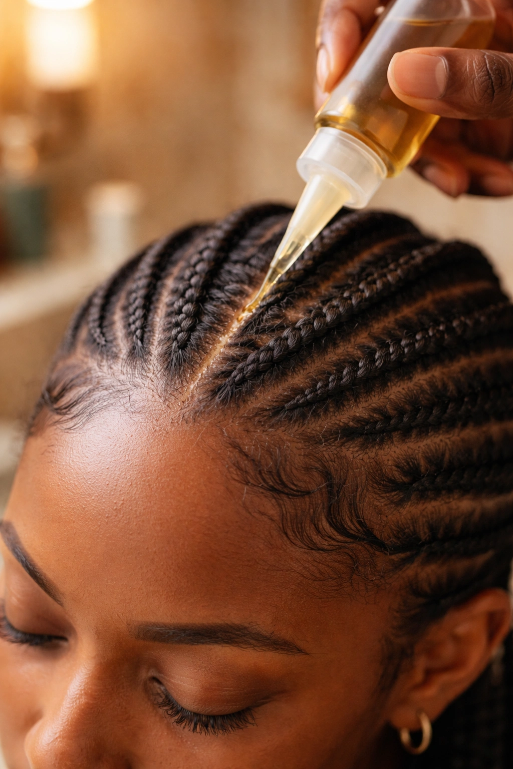 Close-up of scalp oil application under protective cornrows