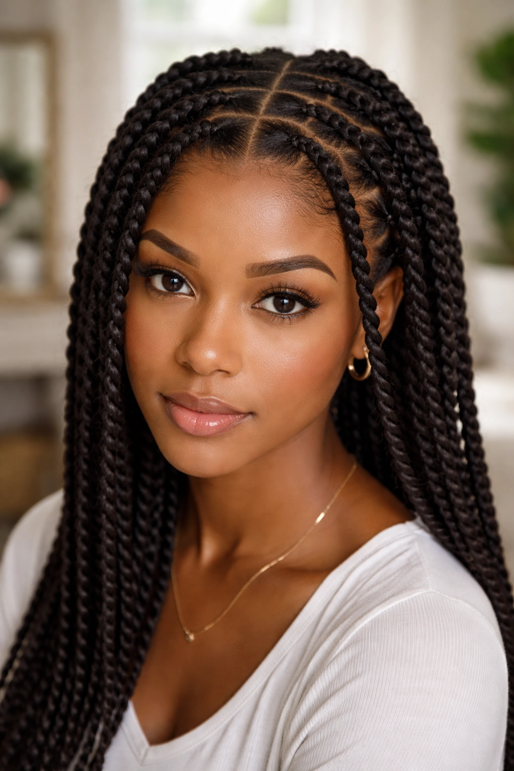 Close-up portrait of a real person showing scalp-parted twists with crisp lines at the scalp