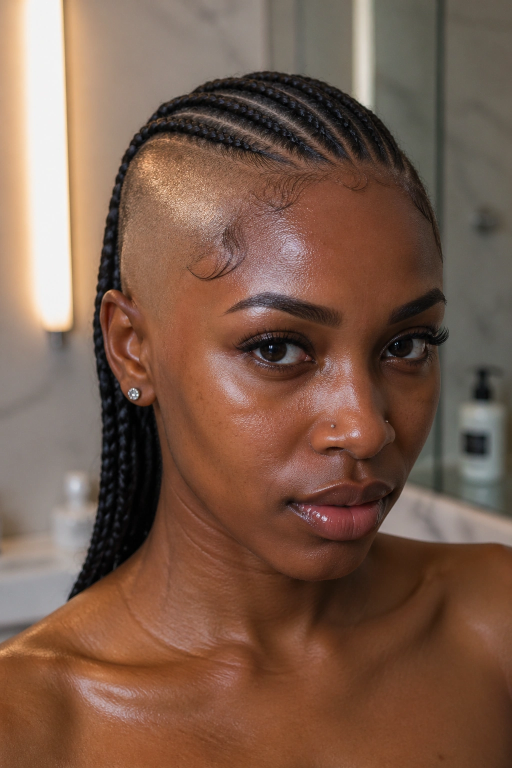 Close-up of a freshly shaved scalp with moisturized skin in a clean setting.