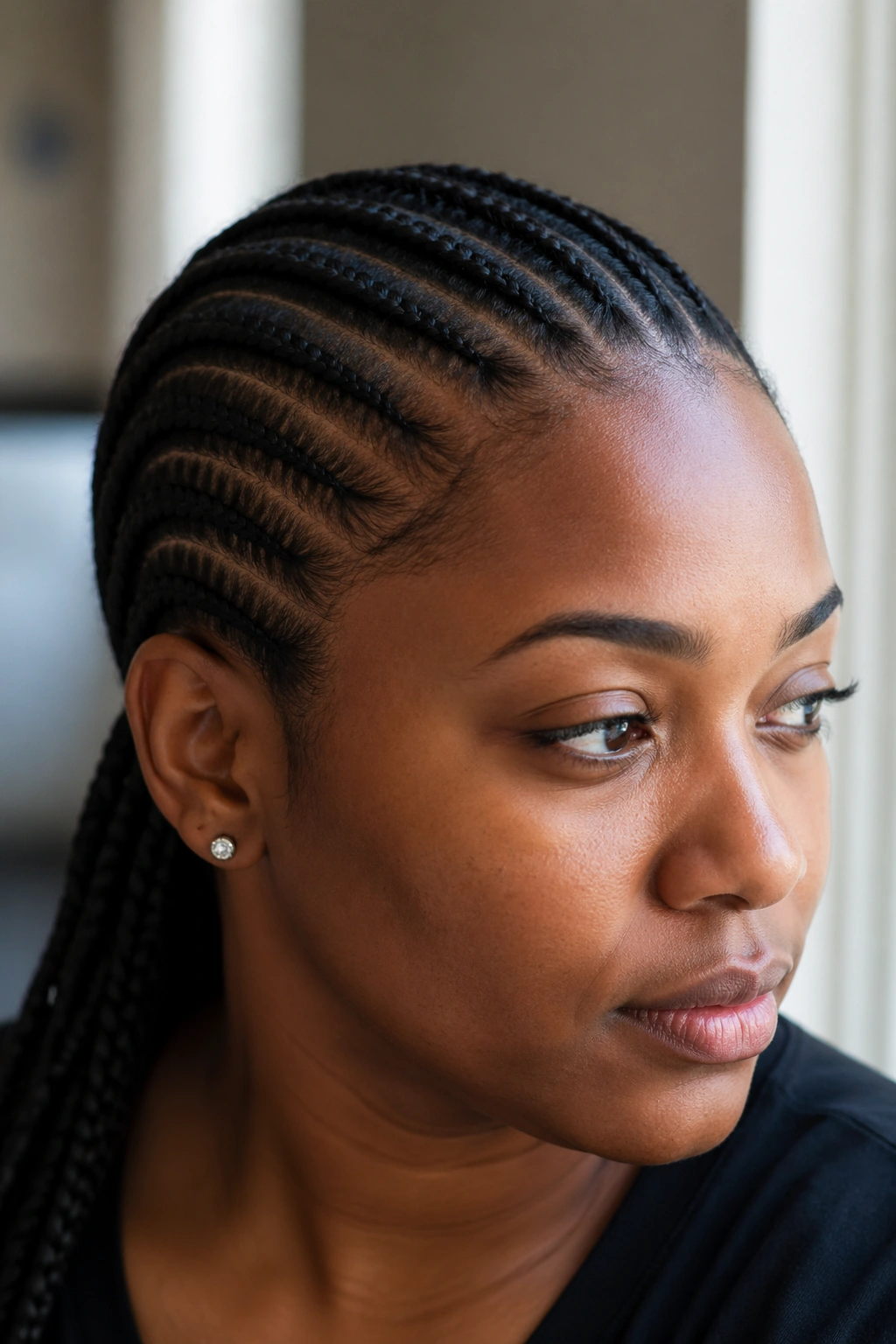 Close-up of a calm portrait showing cornrow tension at the hairline