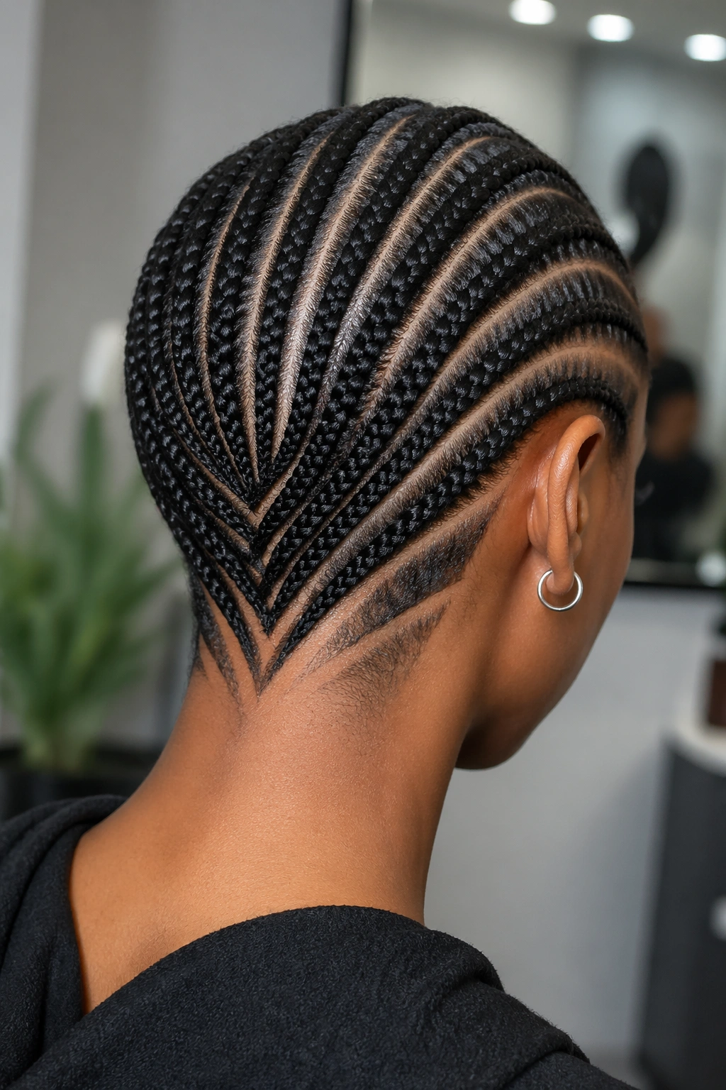 Profile view showing scalp-visible design cuts in small cornrows