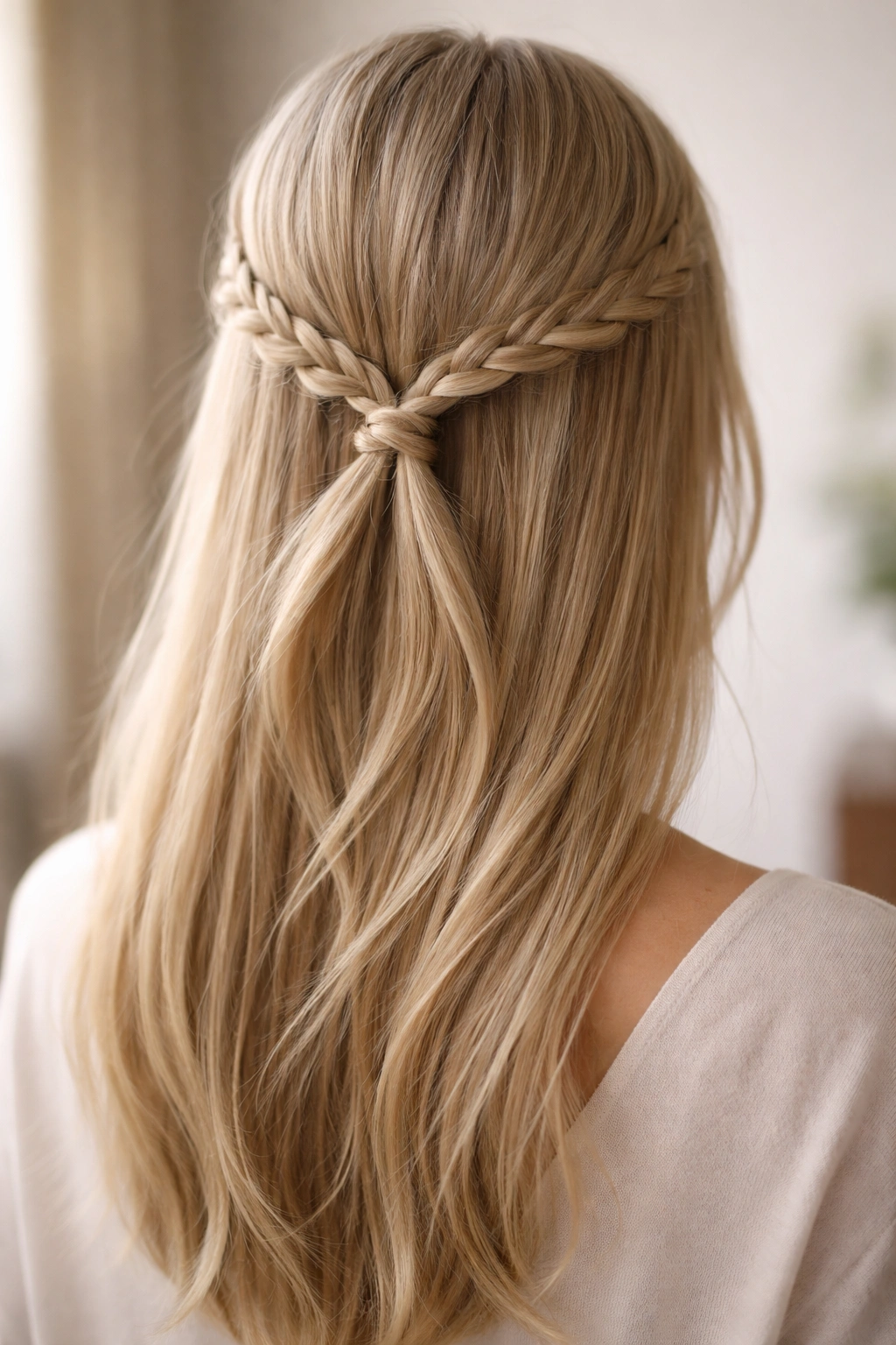 Two small loose braids looped at center back in Scandi style