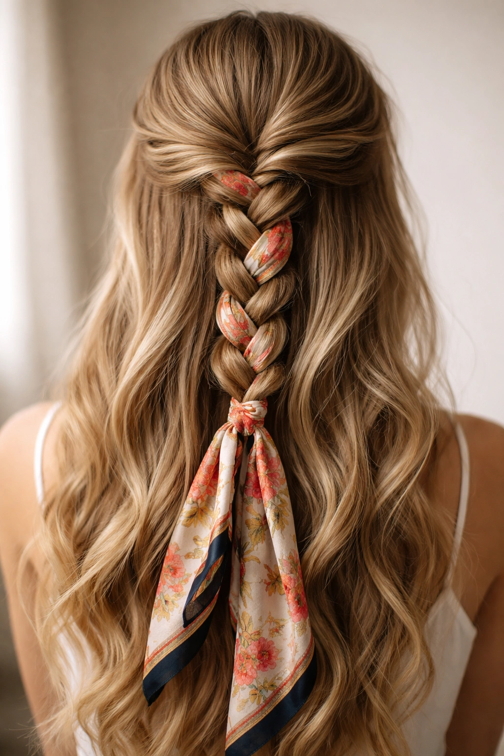 Close-up of scarf-integrated braid with silk scarf woven through