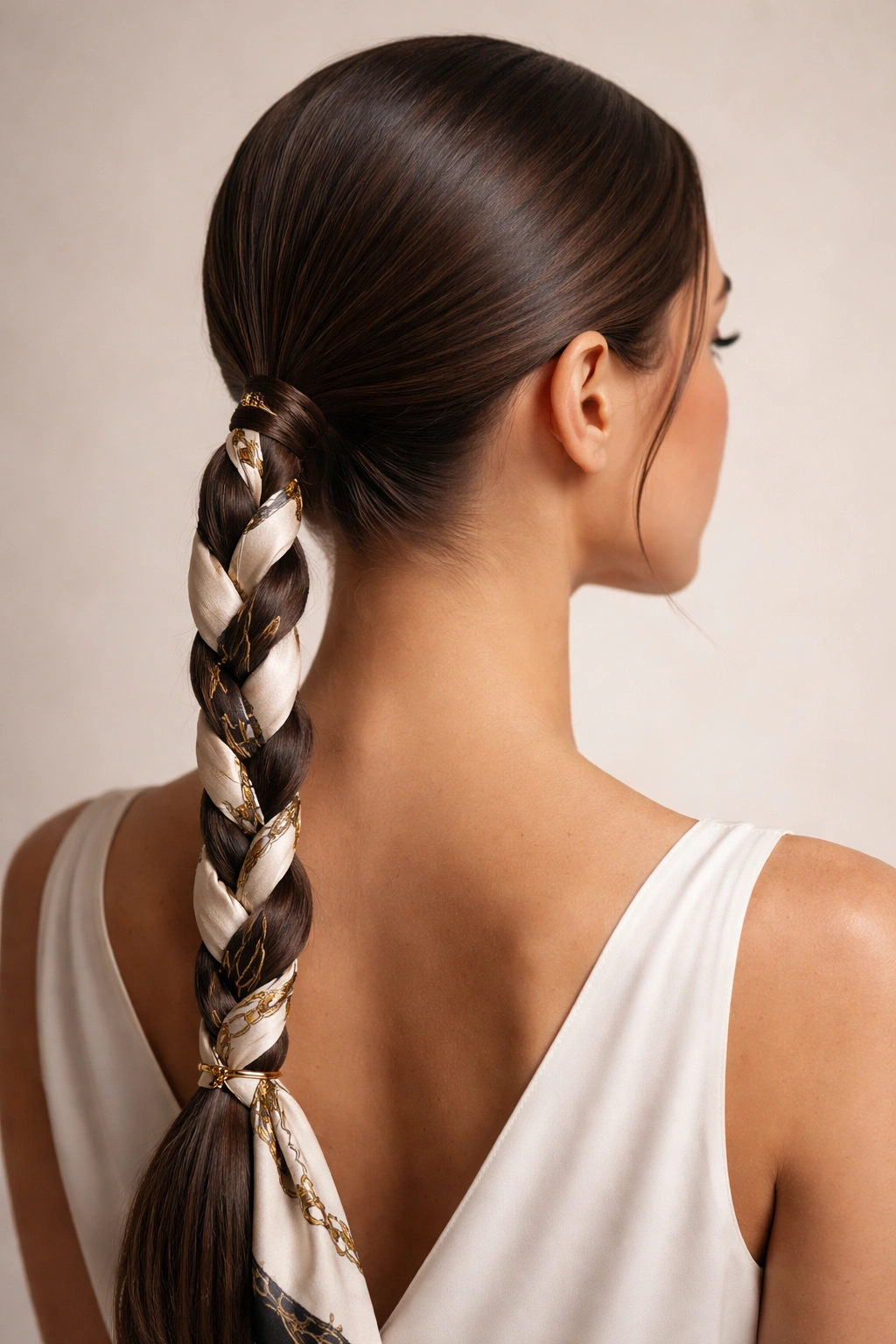 Low braid woven with a flat scarf for a sleek ponytail