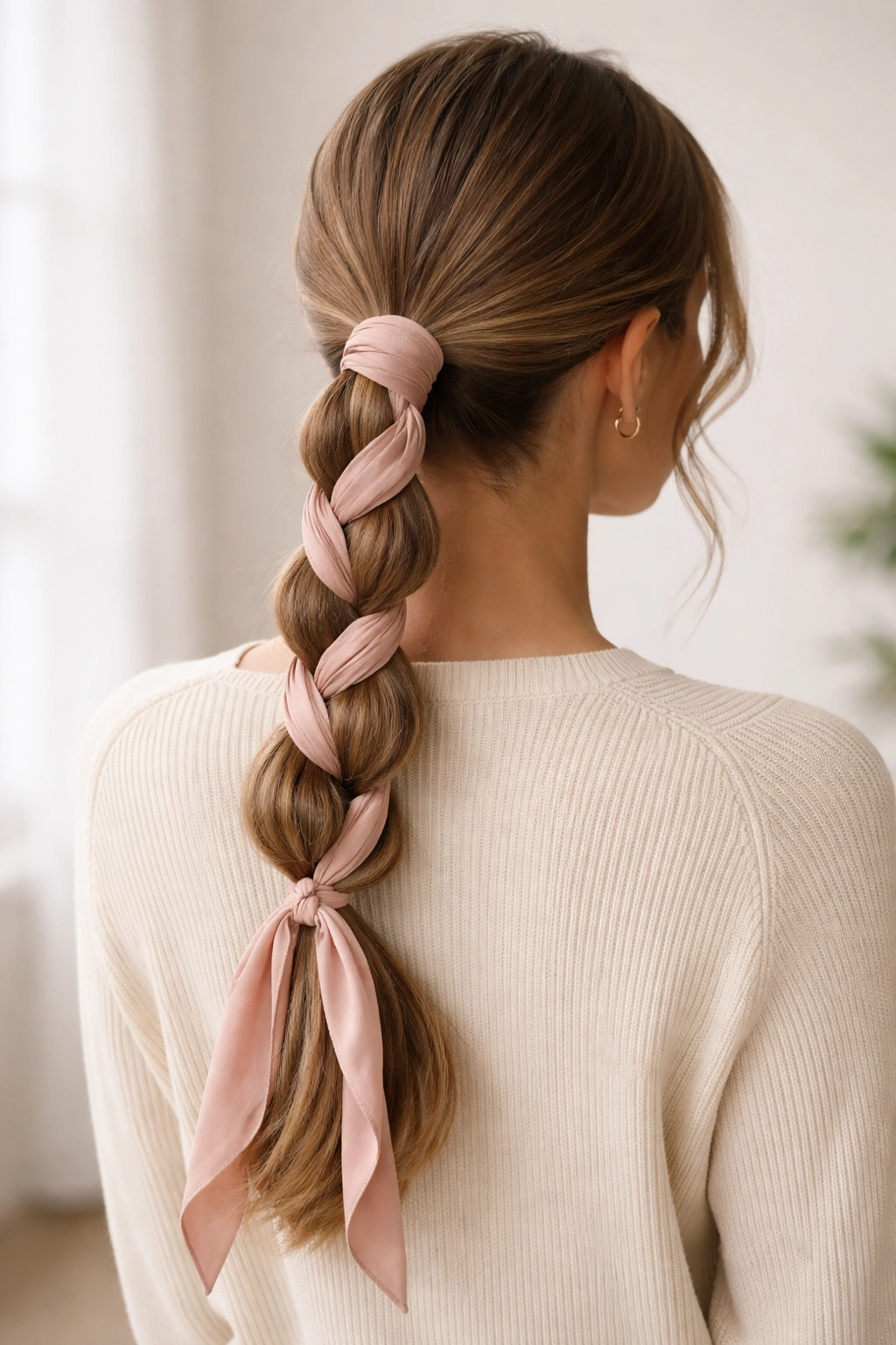 Close-up of scarf-woven low bubble braid ponytail with scarf integrated into the bubbles