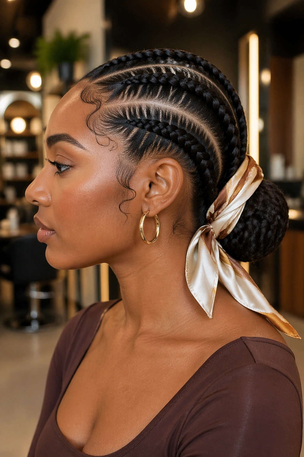 Profile view of a woman with cornrows into a low bun wrapped by a silk scarf.