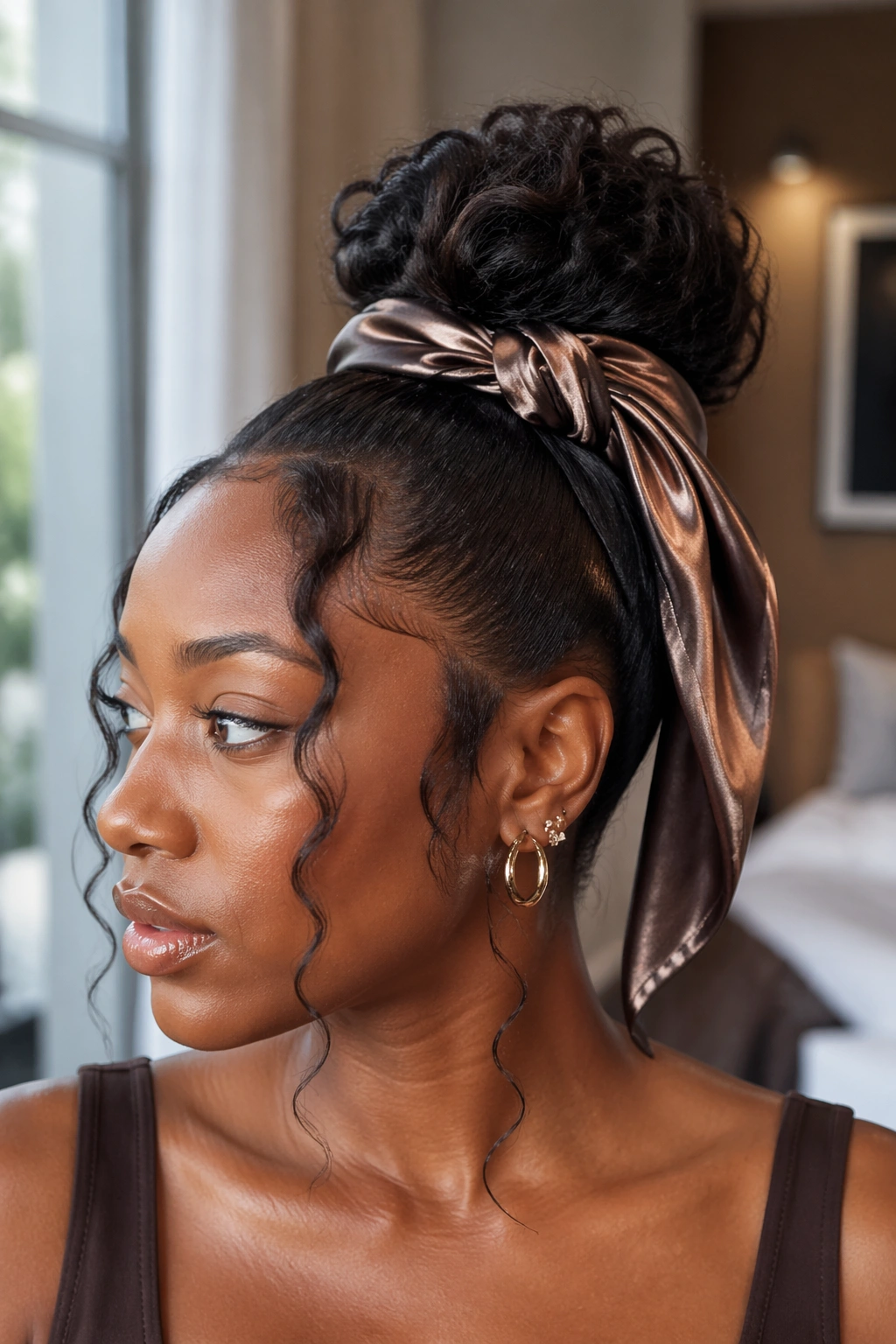 Close-up of woman with tucked satin scarf bun.