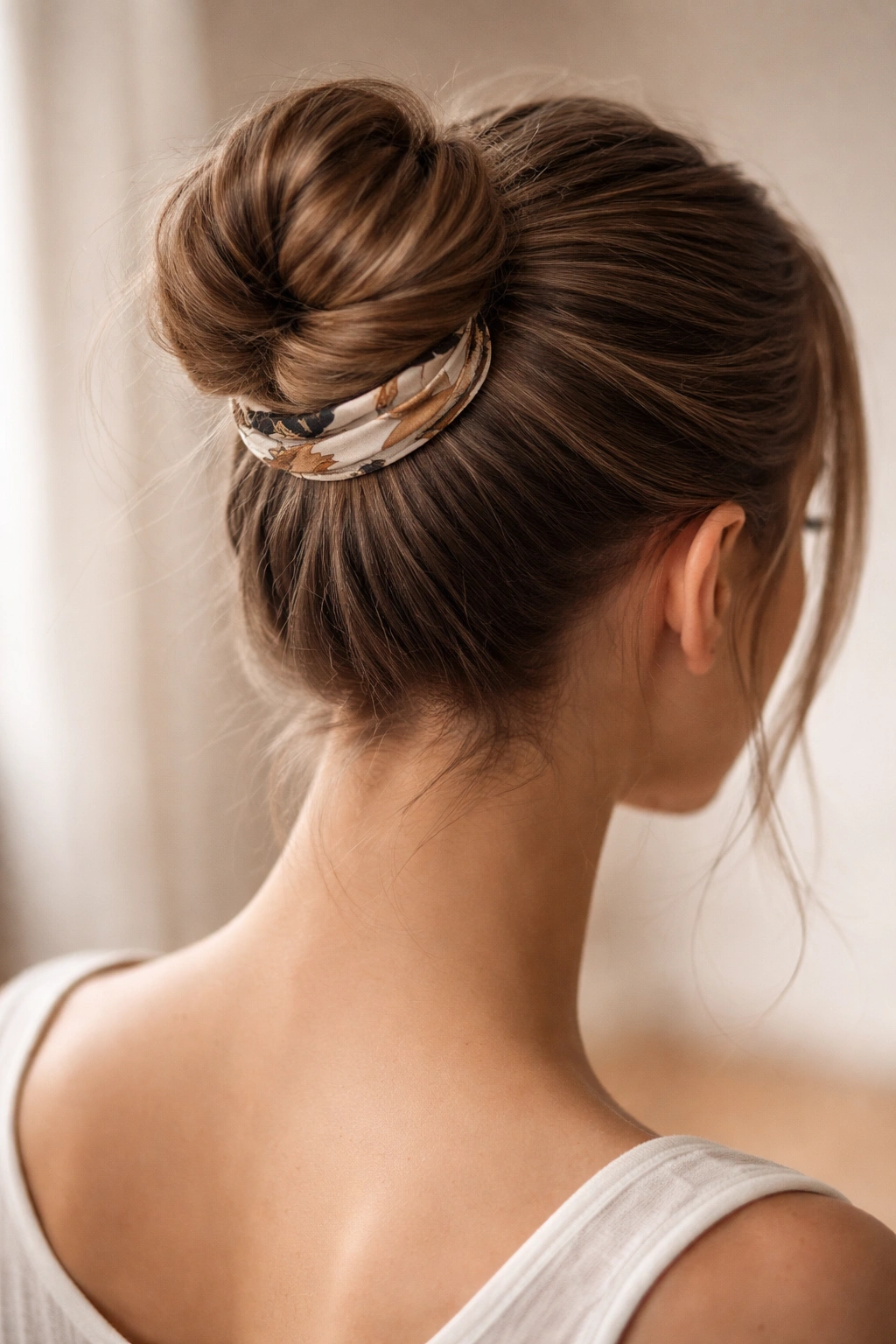 Compact bun with a narrow scarf wrapped around the base
