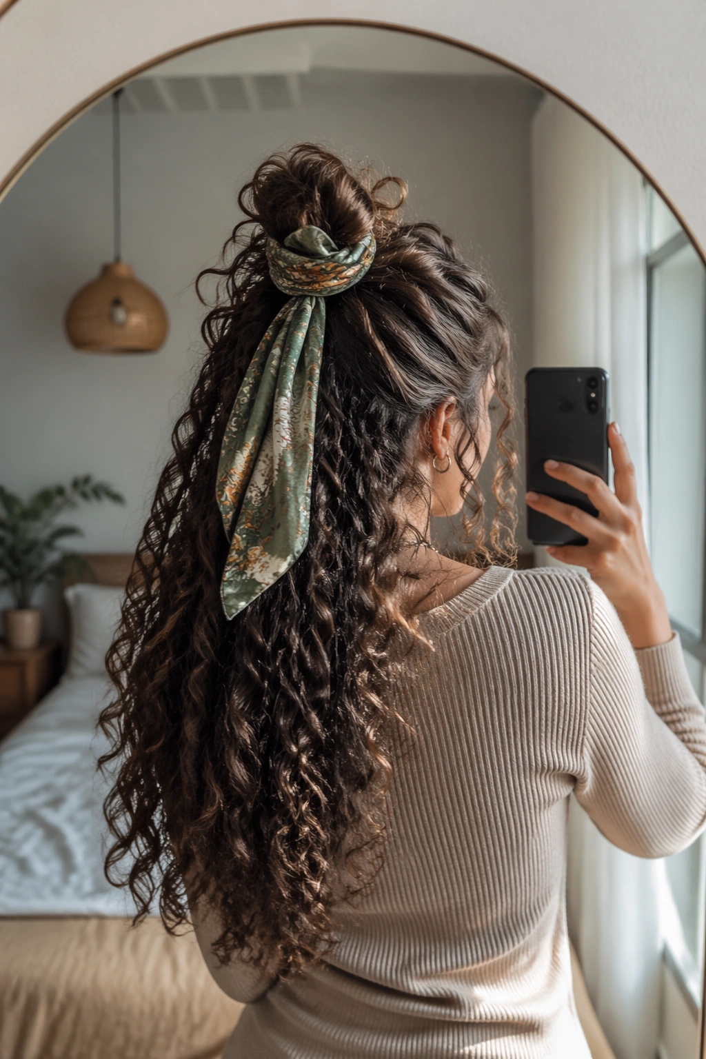 Over-the-shoulder view of scarf-wrapped half bun in mirror