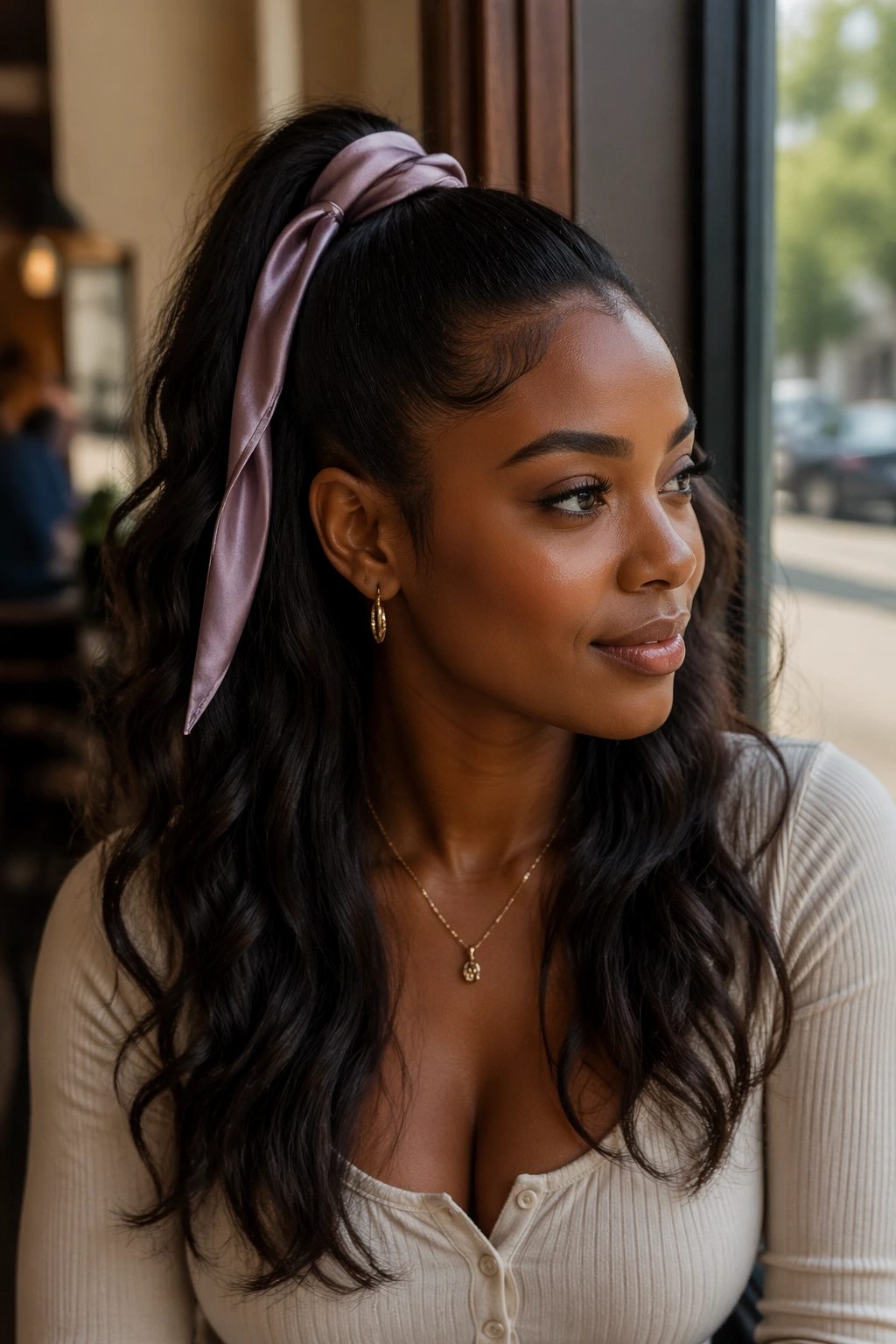 Woman with half ponytail tied with satin scarf in a cafe setting