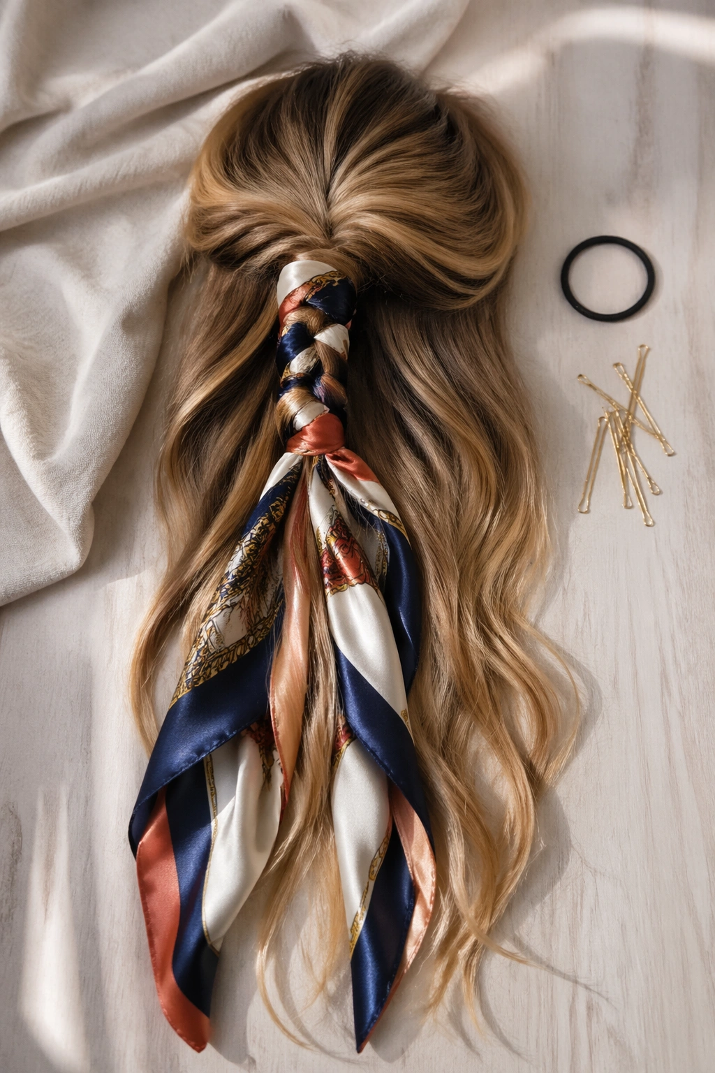 Overhead flat lay showing scarf woven into half up ponytail