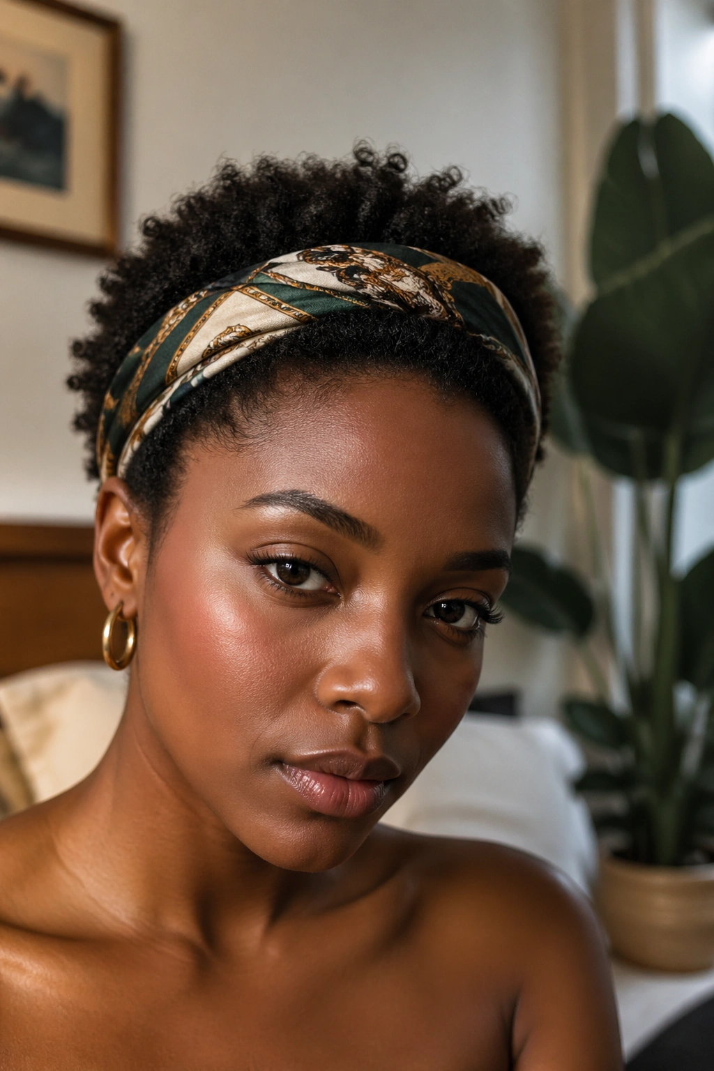 Close-up of a real person wearing a scarf-tied headband over a short afro.