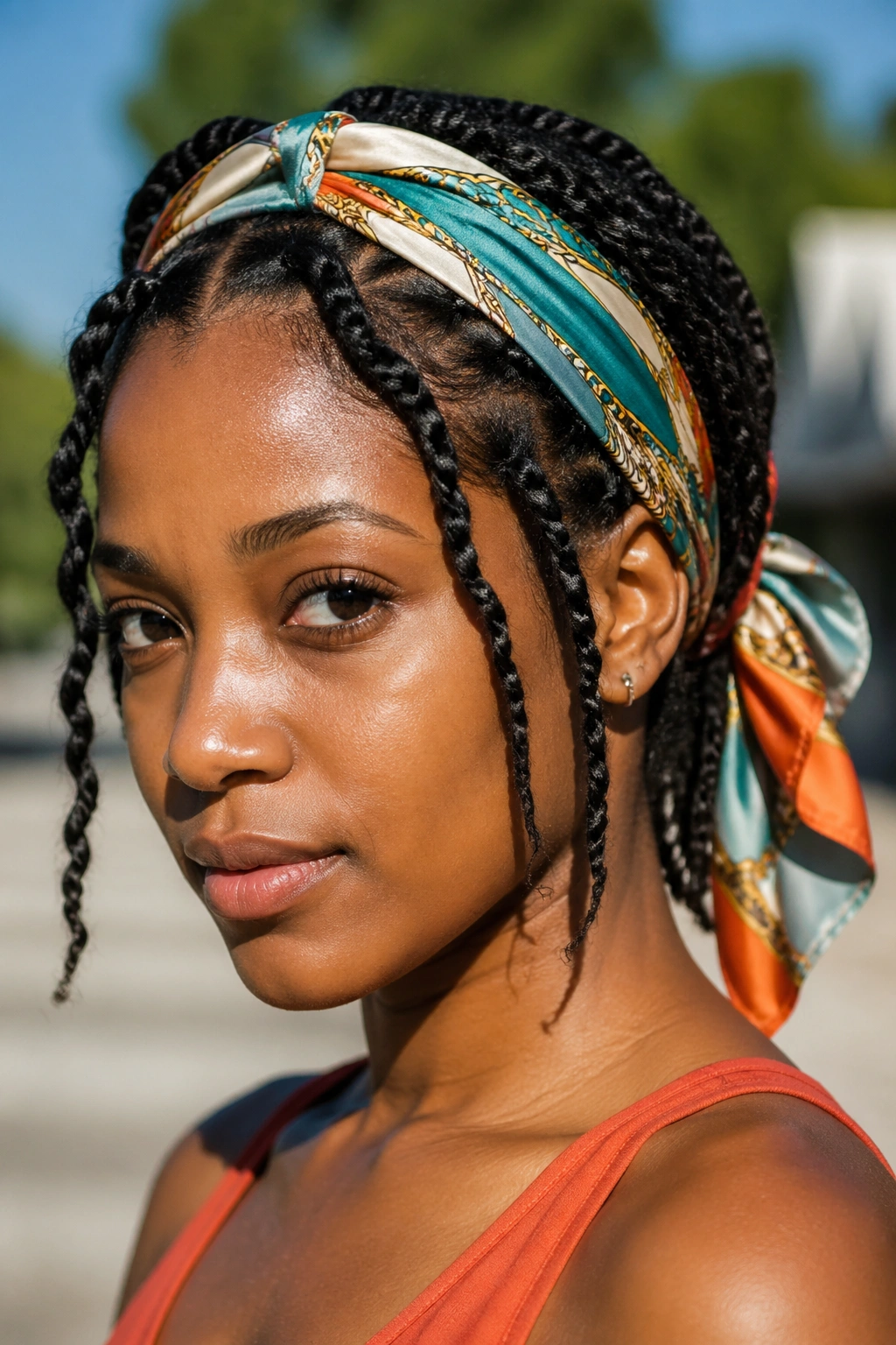 Close-up portrait of a woman with twists and a silk scarf headband.