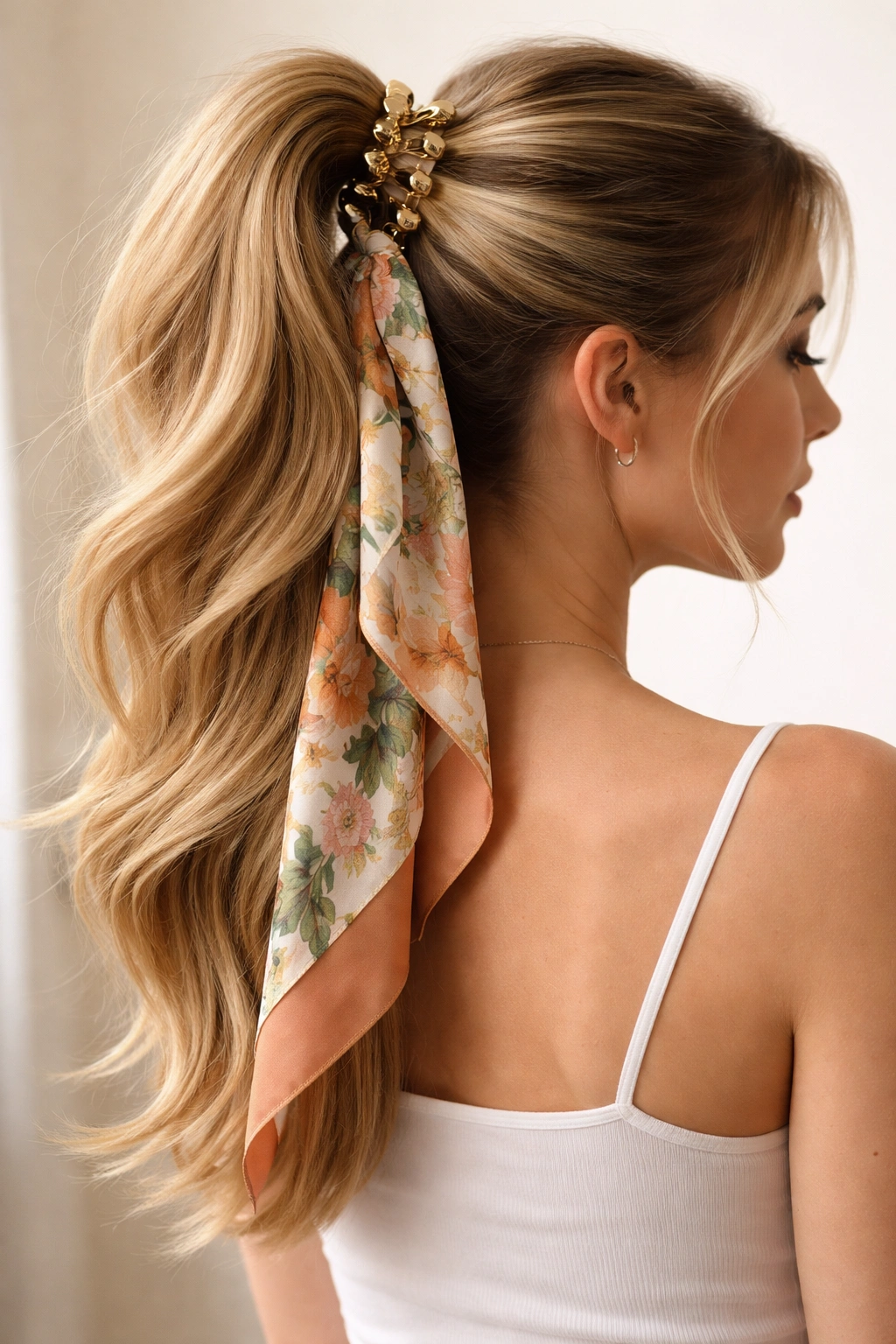 High pony with scarf tied at base of clip and trailing ends