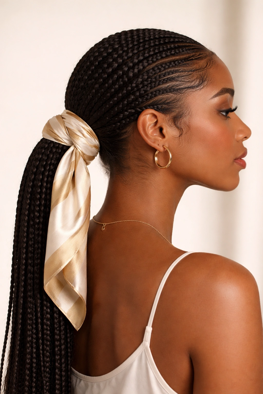 Side profile of a low knotless braid ponytail with a scarf wrapped at the base
