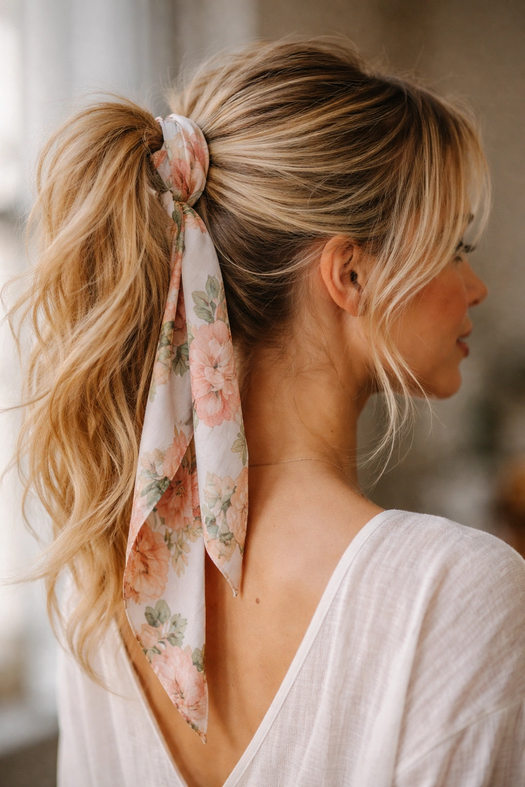 Ponytail wrapped with a lightweight scarf on blonde hair