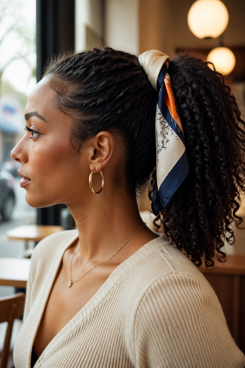 Side profile of scarf-tied ponytail with silk scarf at base on a real 4A-haired woman