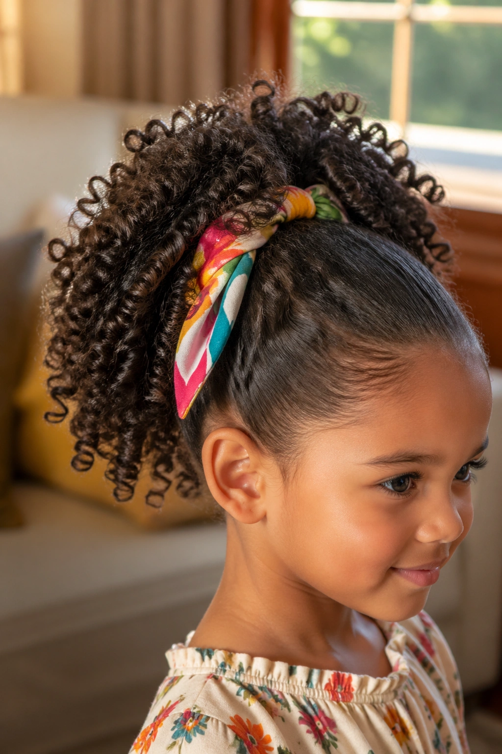 Close-up of a child with curly hair wearing a scarf-tied ponytail.