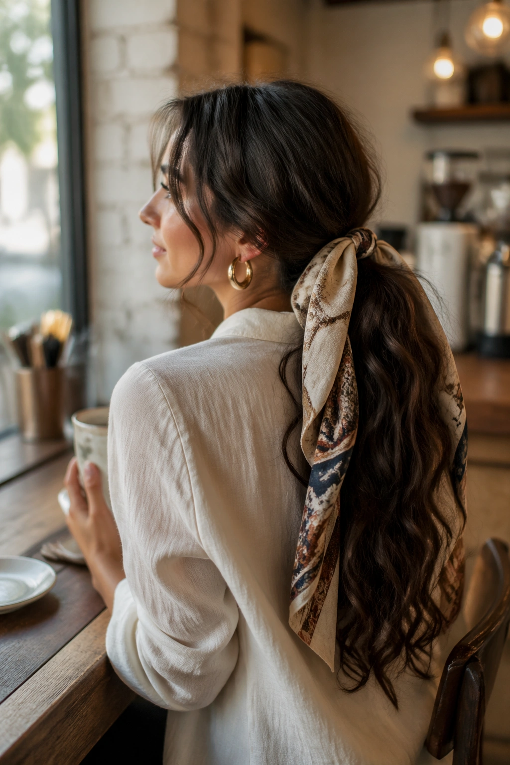 Scarf-tied ponytail in cafe with loose ends
