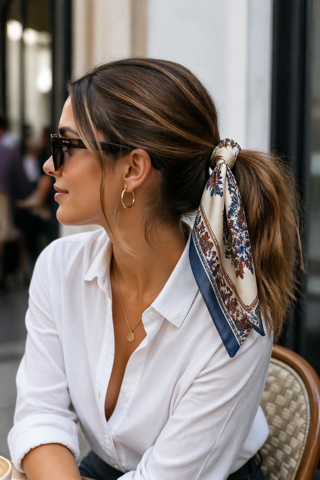 Close-up of a real woman with a scarf-wrapped ponytail