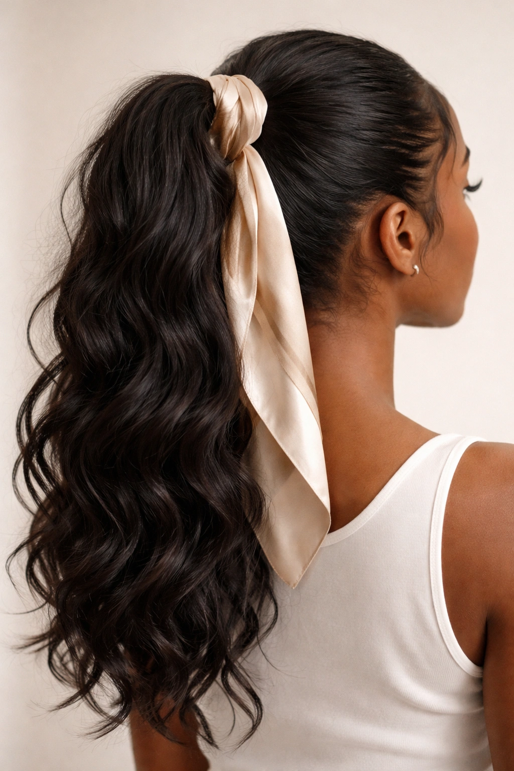 Close-up of a high ponytail with a satin scarf wrapped at the base in a flat knot, wavy hair with soft shine