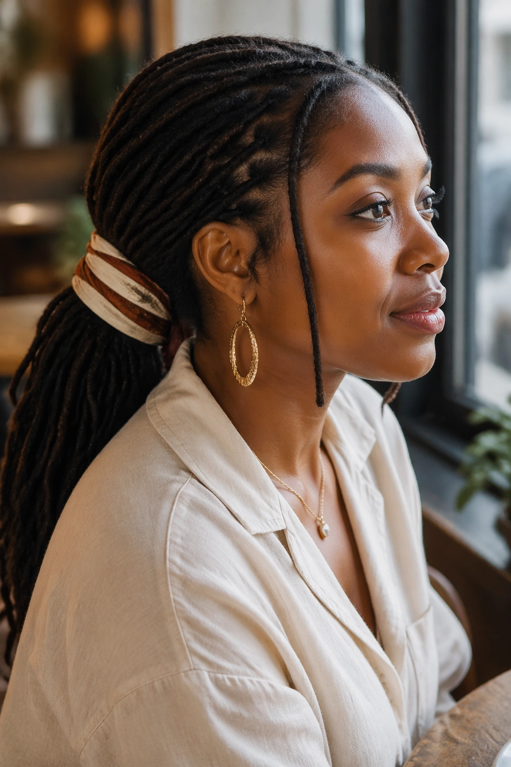 Real person with a wide scarf wrapped around the base of a low ponytail.