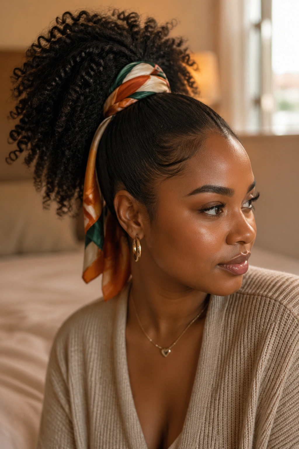 Close-up of high ponytail with silk scarf at base on a real woman