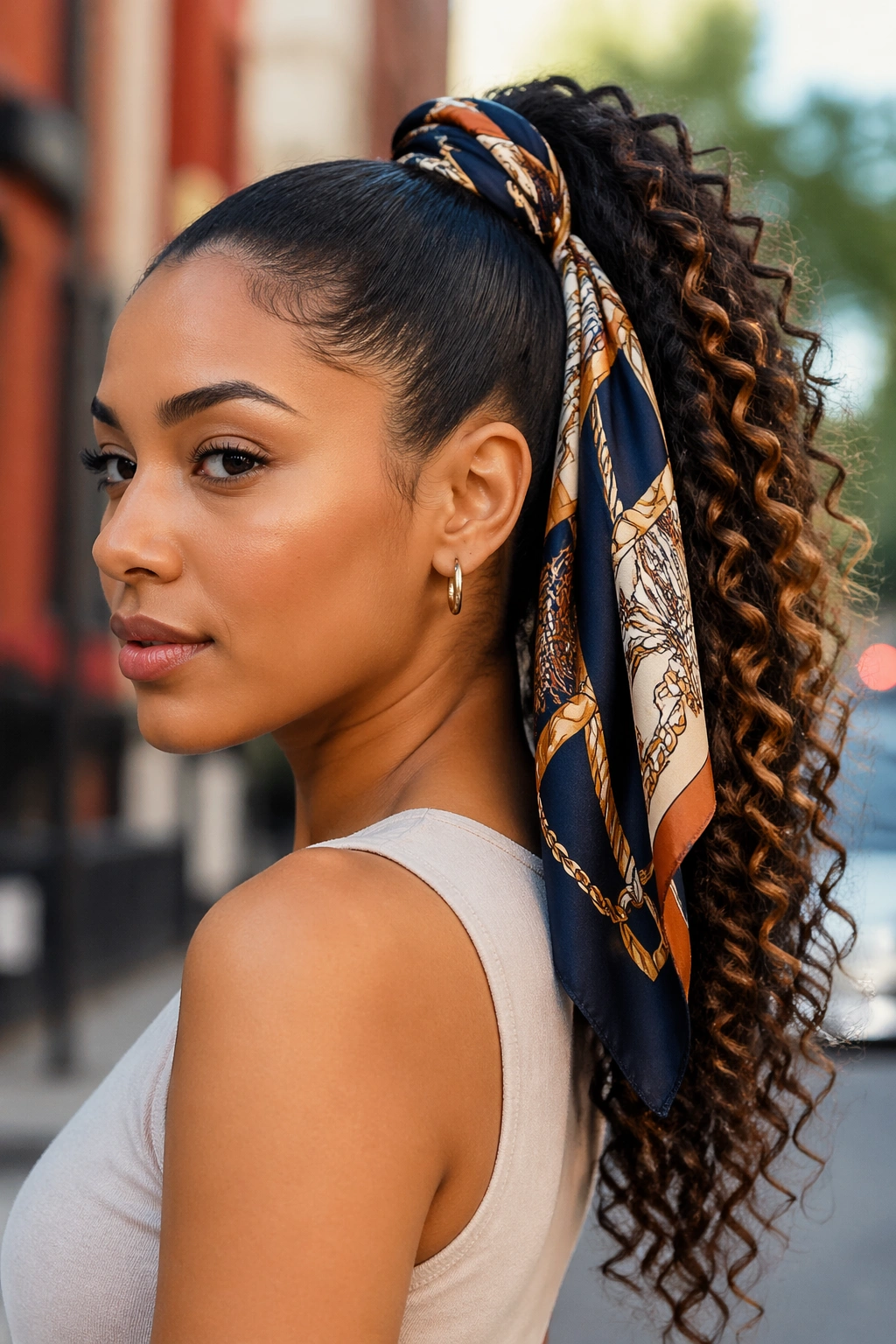 Close-up of a real woman wearing a scarf-wrapped ponytail with a patterned accent
