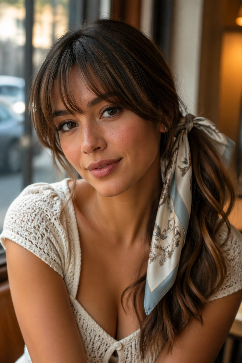 Close-up portrait of a real woman with a scarf-tied side ponytail and soft bangs