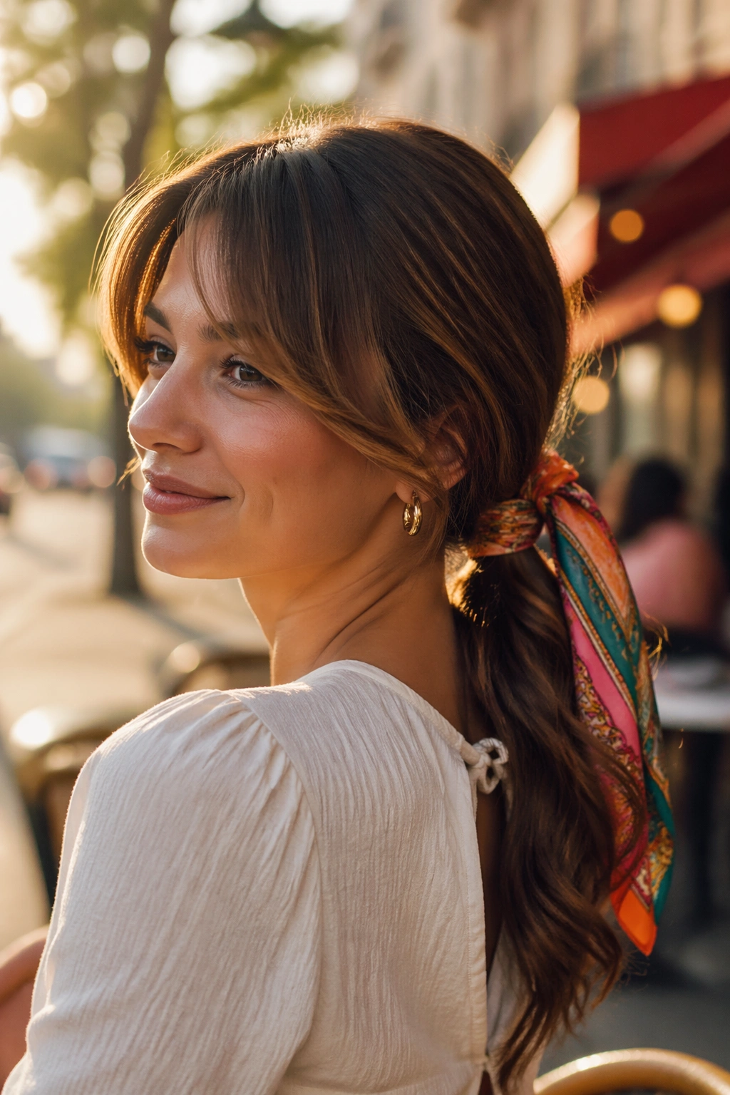 Outdoor hero shot of scarf-tied ponytail with swept bangs.