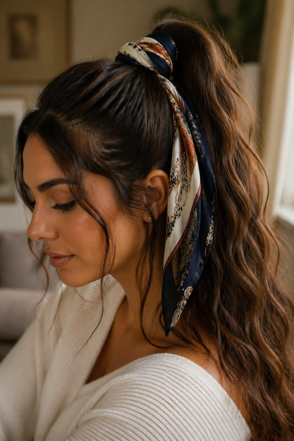 Close-up of a thick wavy ponytail secured with a silk scarf in warm natural light