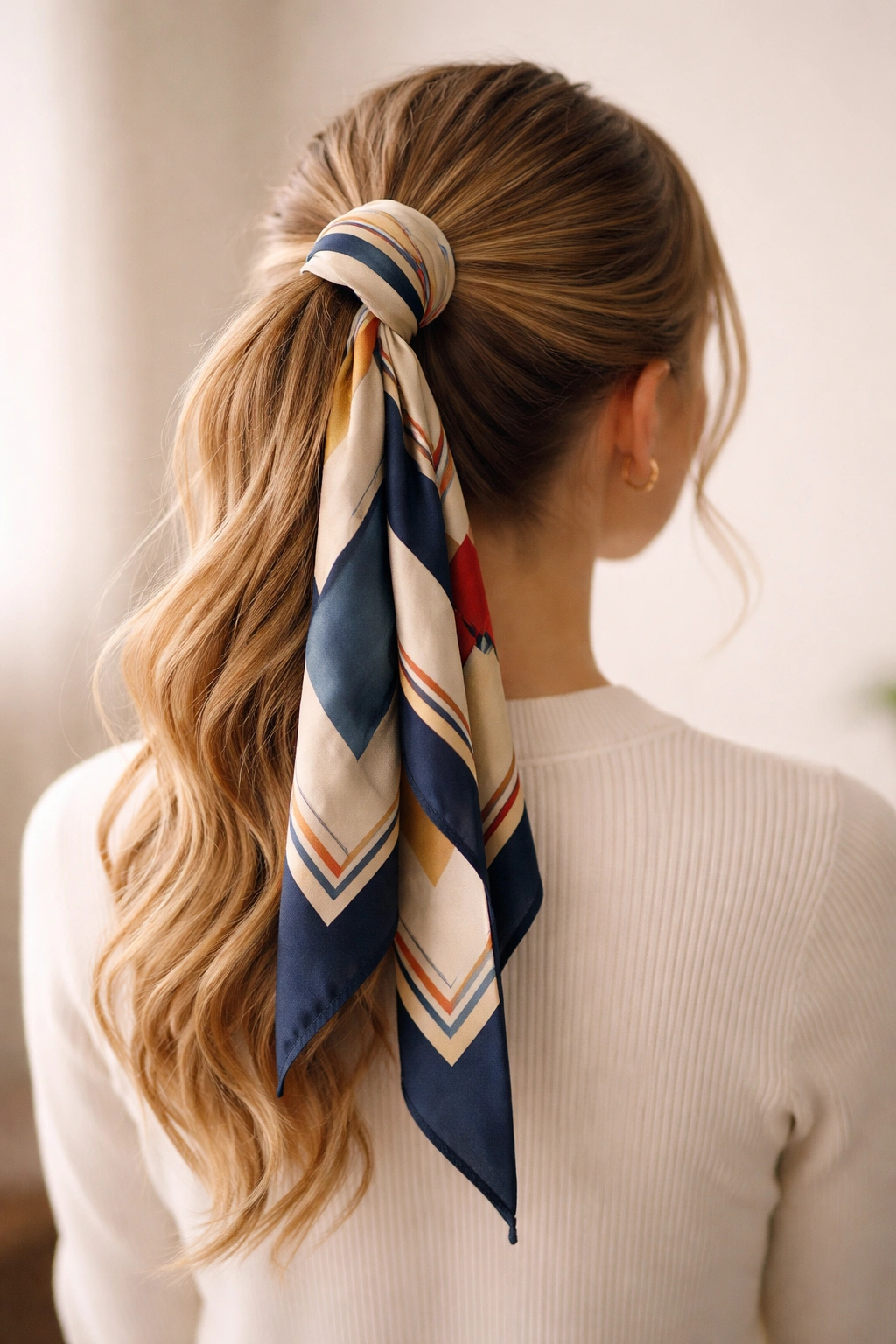 Rear view of a ponytail wrapped with a long scarf at the base