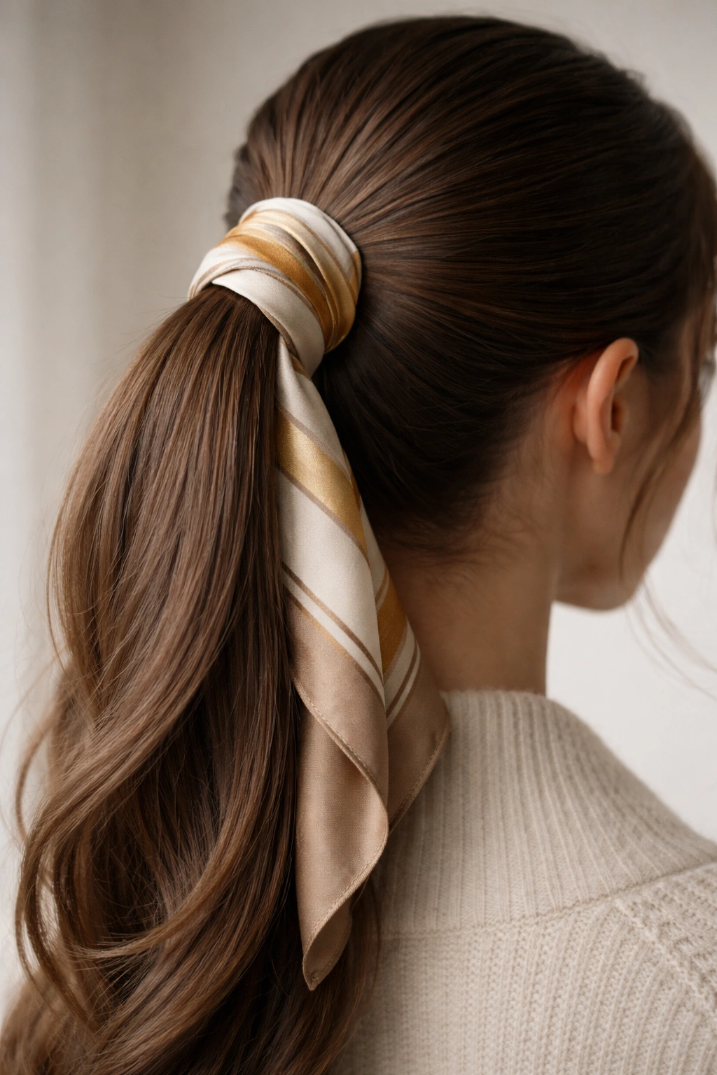 Close-up of a scarf-wrapped ponytail with silk scarf at base