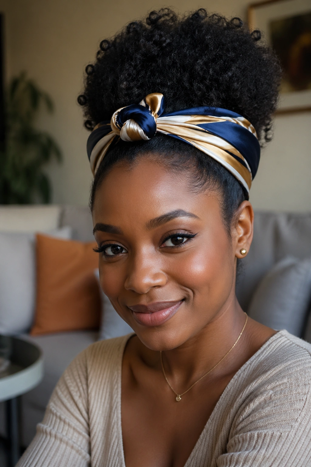 Close-up of a woman with a high puff and scarf wrapped at the base