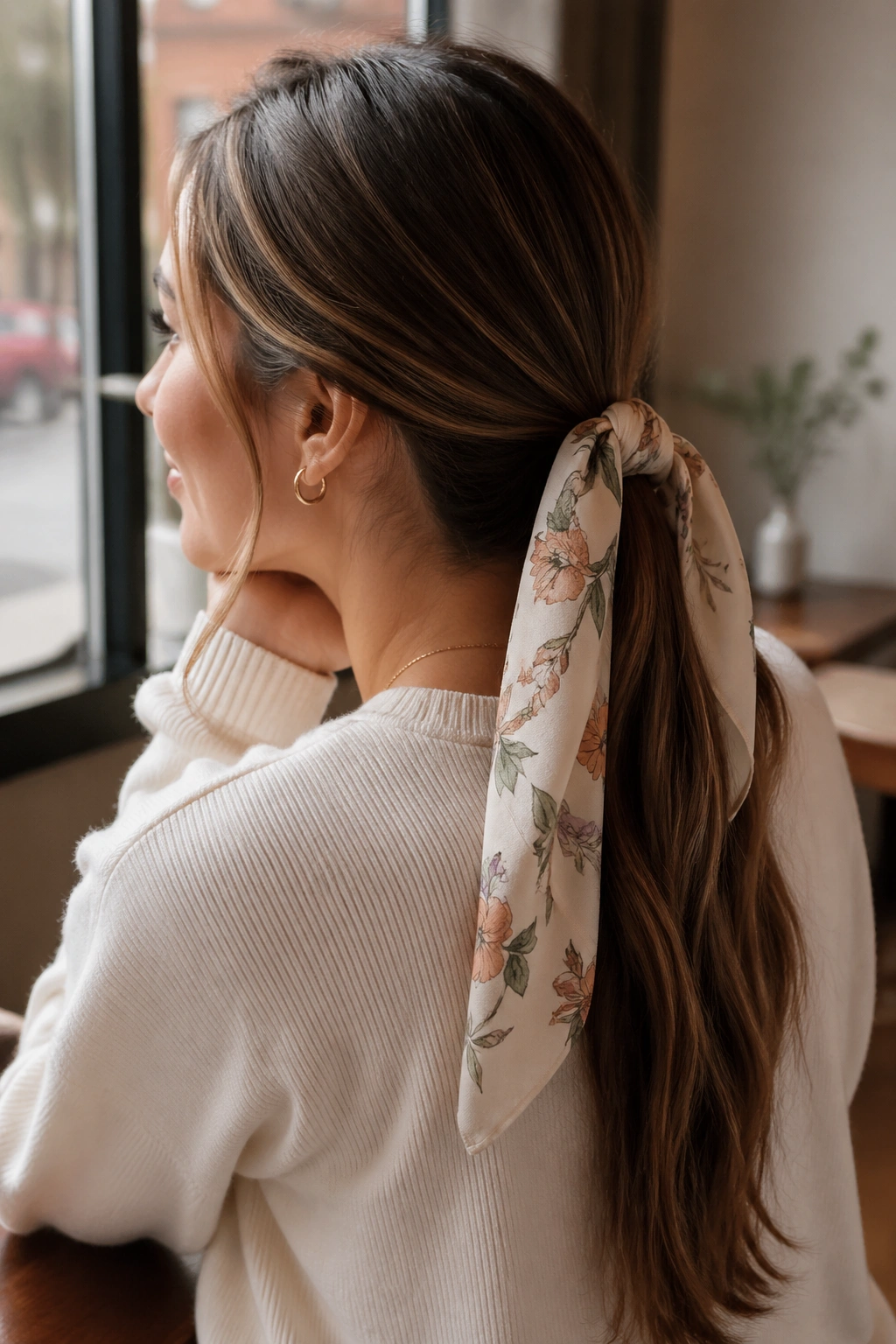 Low ponytail with scarf-style ribbon at the nape in a sunlit setting.