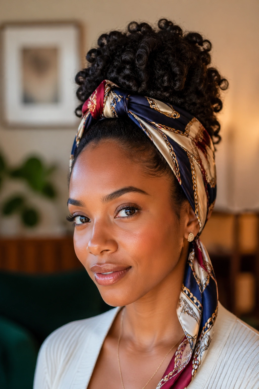 Close-up of a real person with a silk scarf styled around natural hair