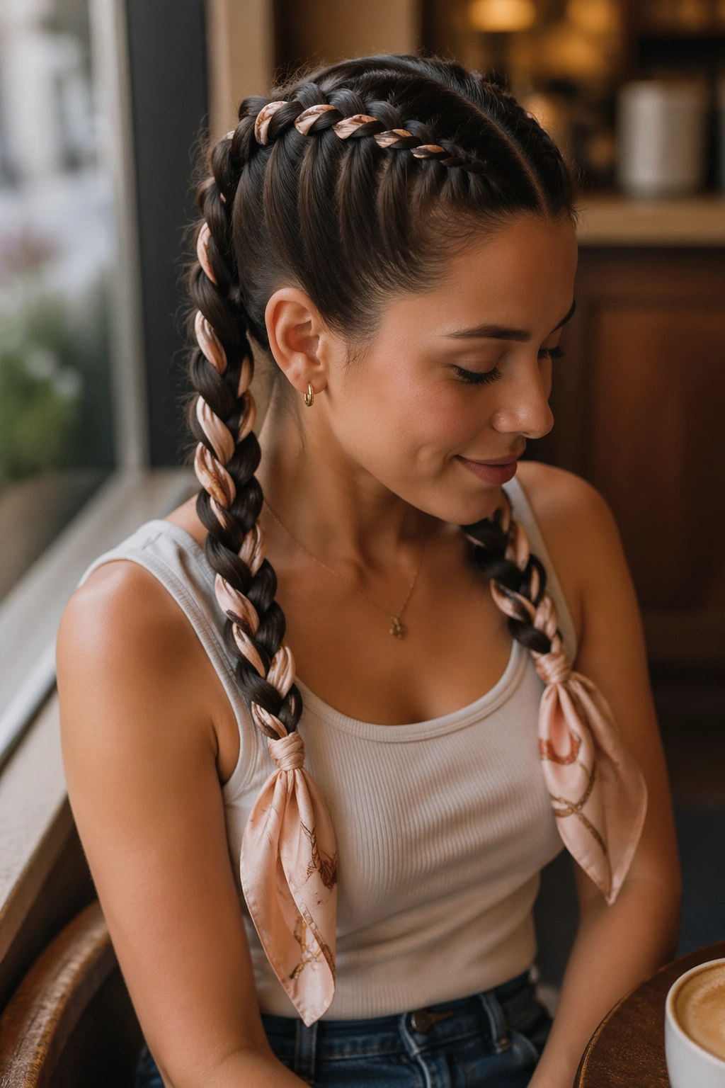 Portrait of woman with scarf woven through braids in cafe light