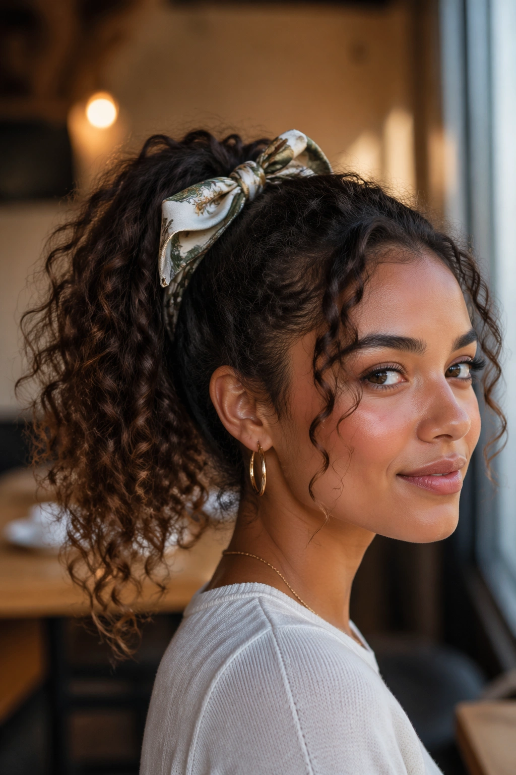 Close-up of a real woman with scarf-tied ponytail; silk scarf around base of ponytail.