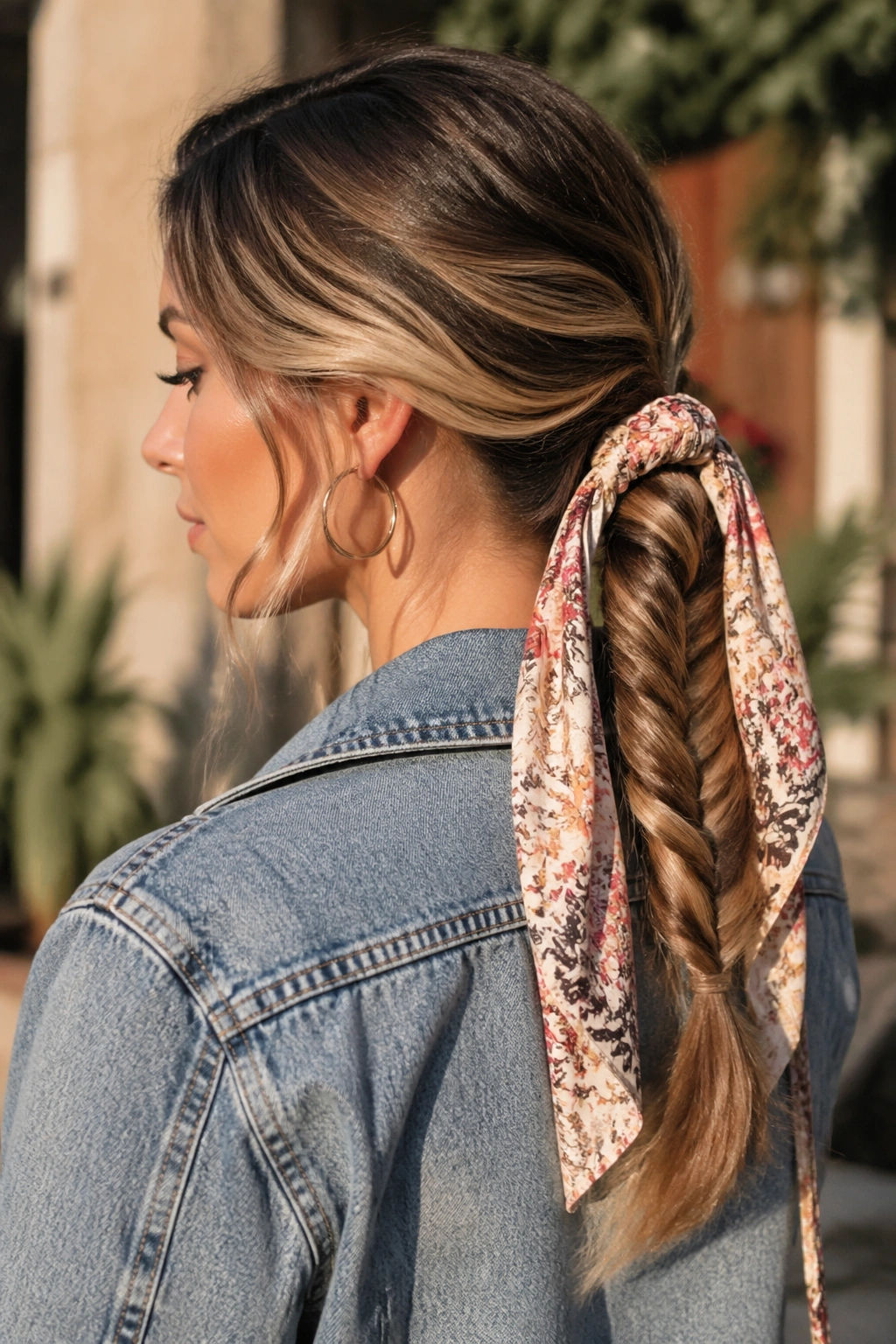 Close-up of a woman with scarf-tied fishtail ponytail with scarf ends along the braid