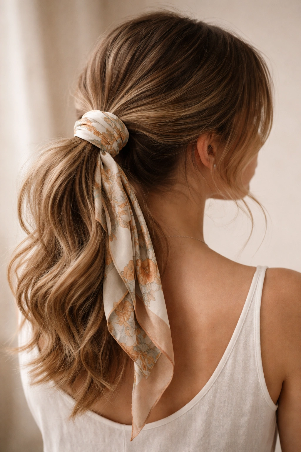 Ponytail wrapped with silk scarf creating a draped effect.