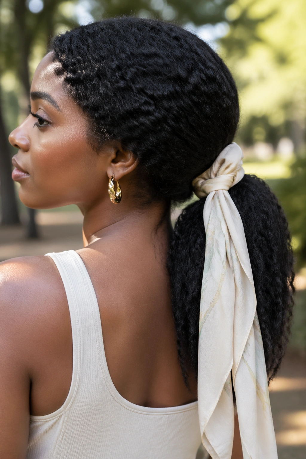 Close-up of a real woman with scarf-tied low ponytail outdoors