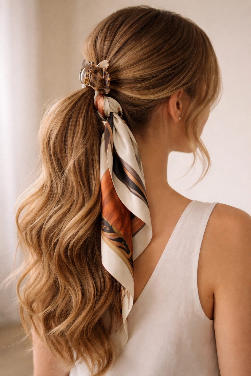 Ponytail with silk scarf tied around the clip