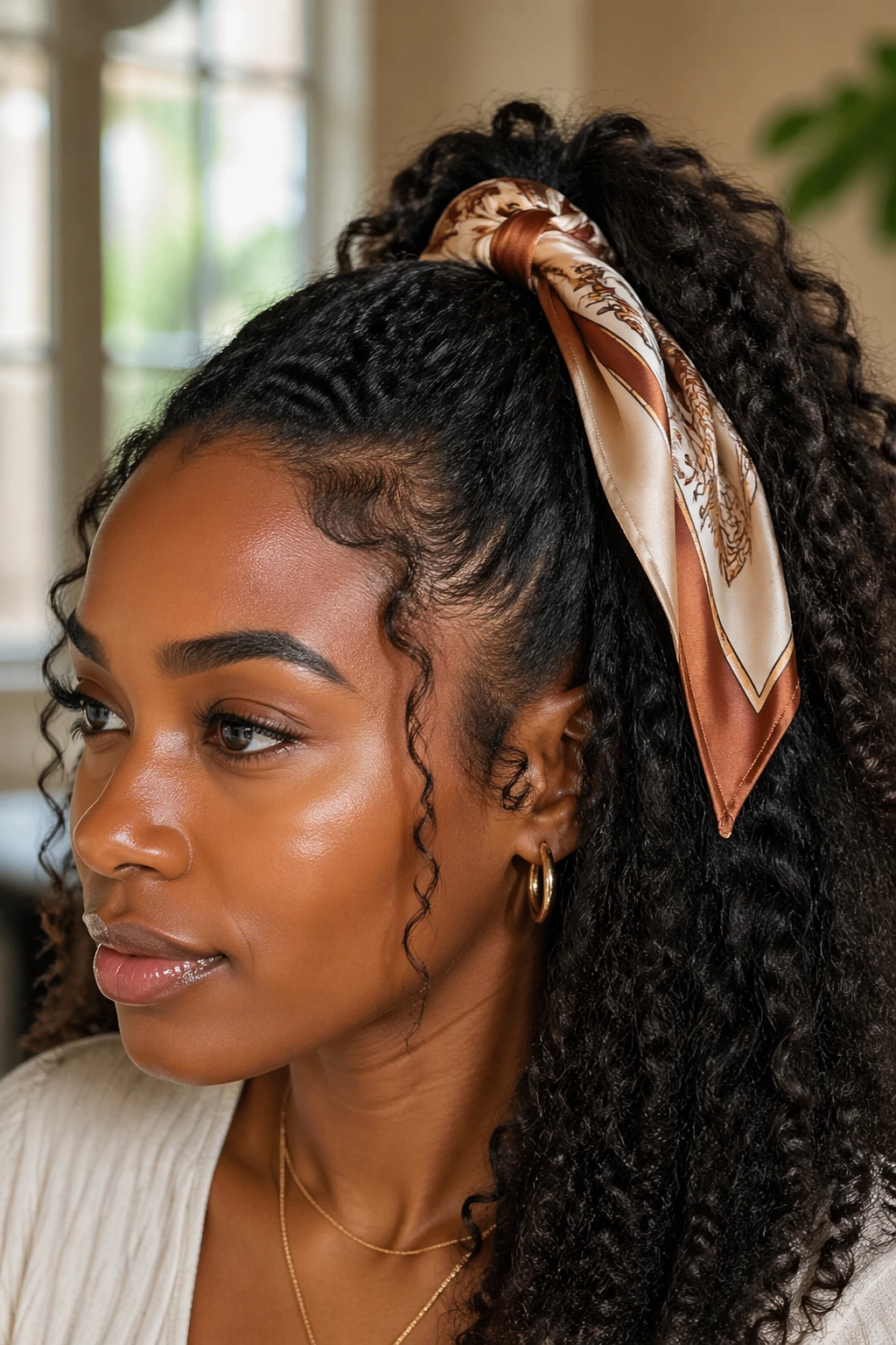 Close-up of a real Black woman with a scarf-tied half up half down ponytail
