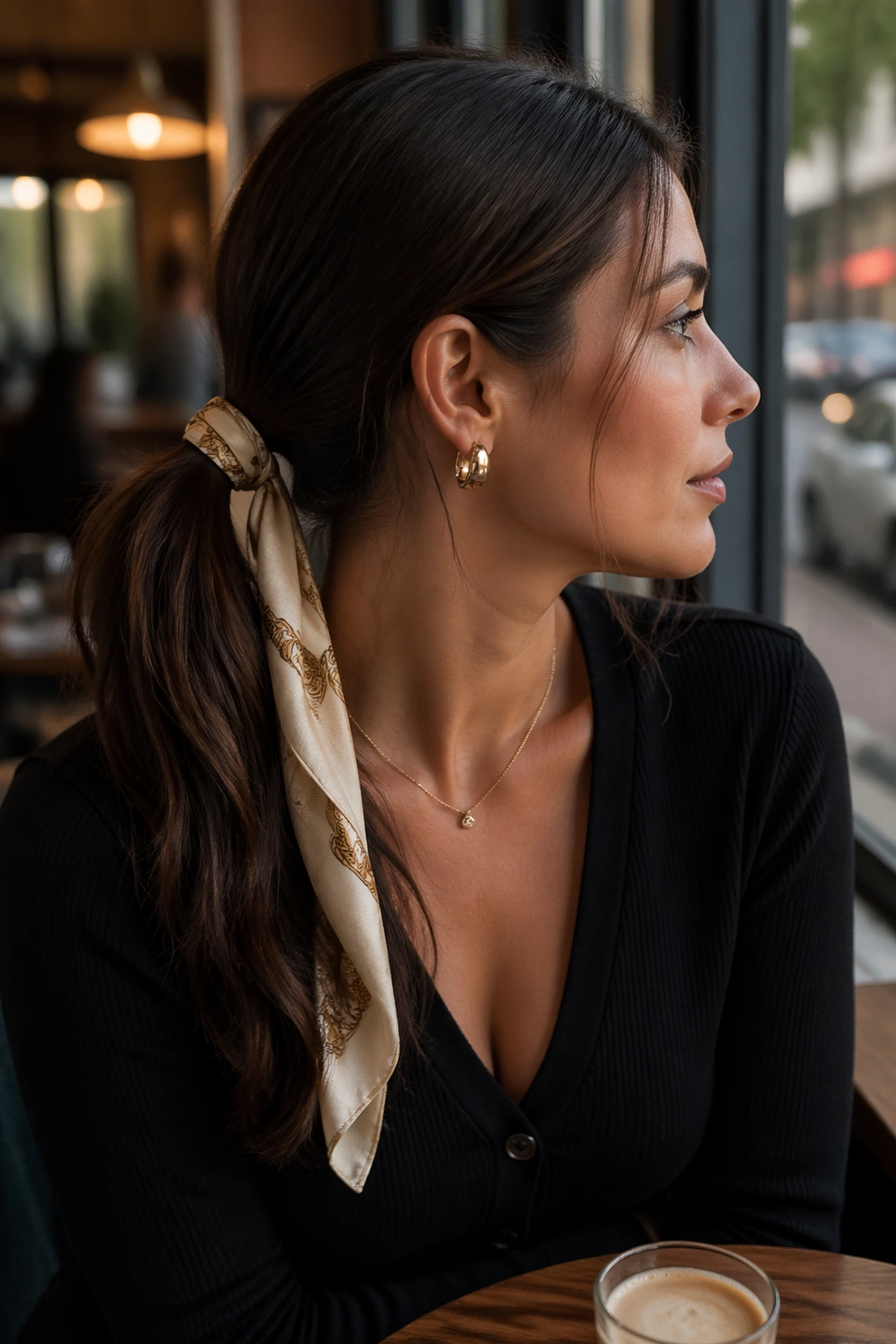 Real woman with scarf-tied ponytail in a cozy cafe setting
