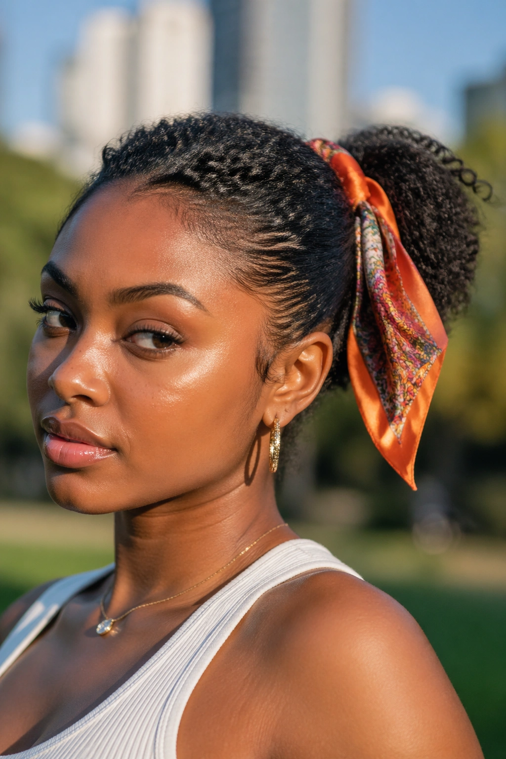 Real woman with scarf-tied ponytail in sunny park setting