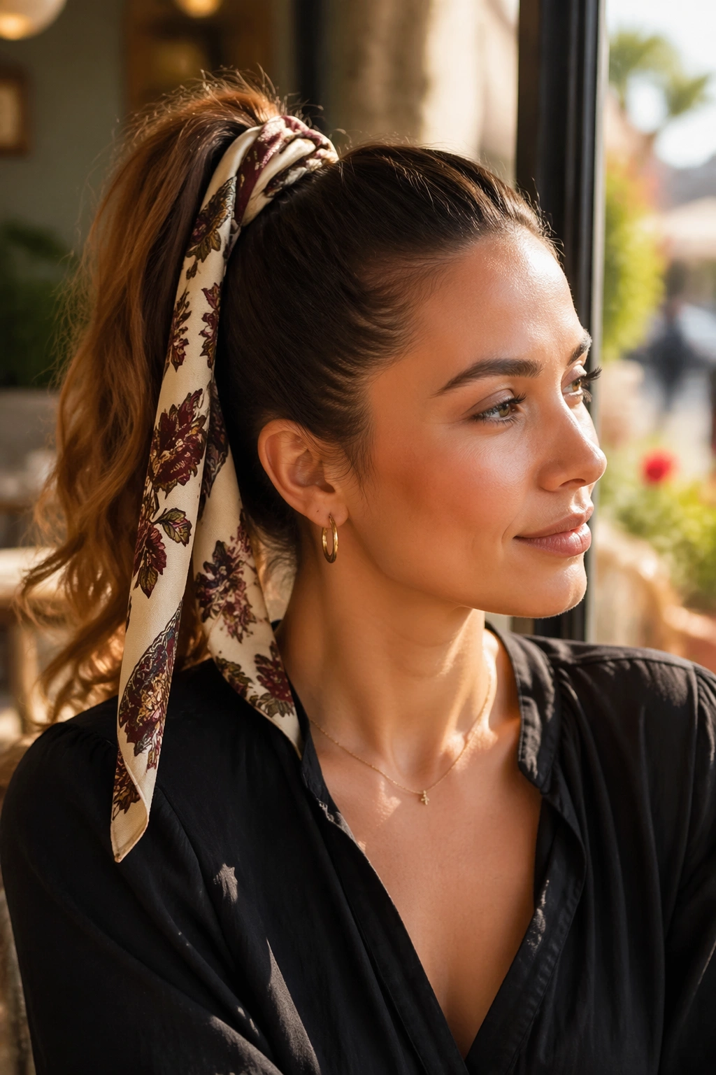 Close-up of a real woman with a scarf-tied high ponytail in a sunlit cafe